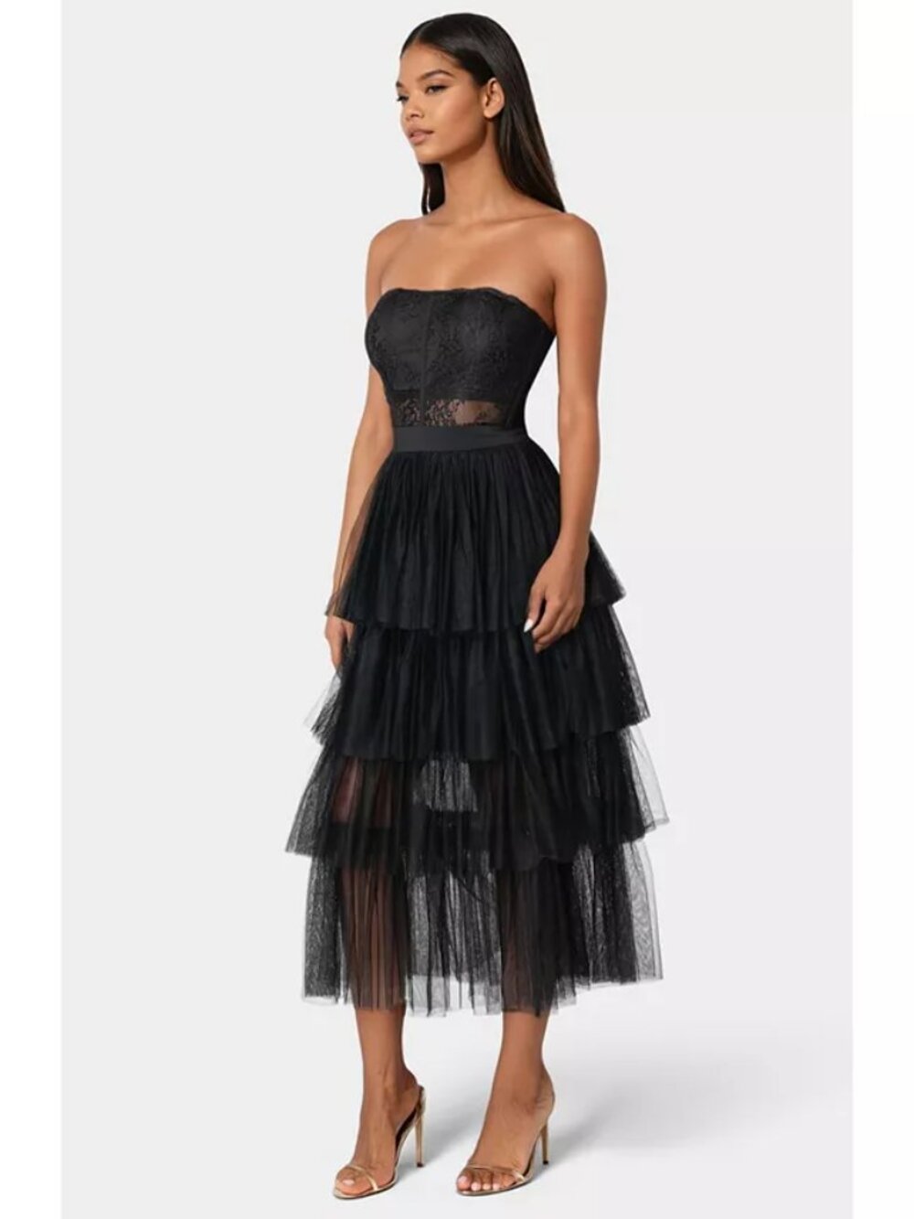 Bebe Tulle Corset Midi Dress in Black.   Sz: M